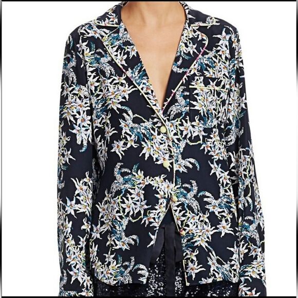 Cinq a Sept Silk Juliet Floral Print Blue Multi Color Blouse Women's Size Small - Picture 2 of 11